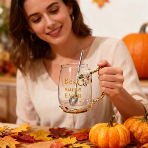 National Nurses Day Flower Glass Cup with Unique Flower Printing and Spoon - Ideal Nurse Christmas Gift (Nurse)