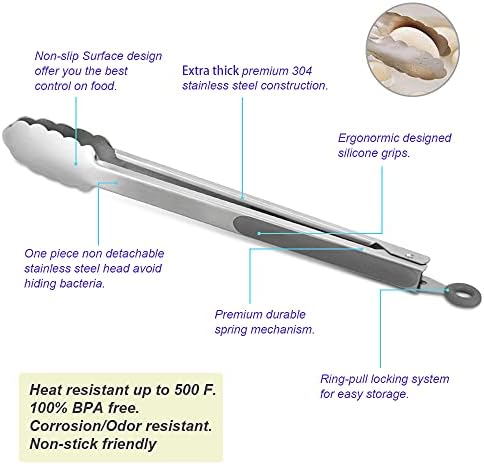 304 Stainless Steel Kitchen Cooking Tongs, 14 & 16 Inch, Set of 2, Grey