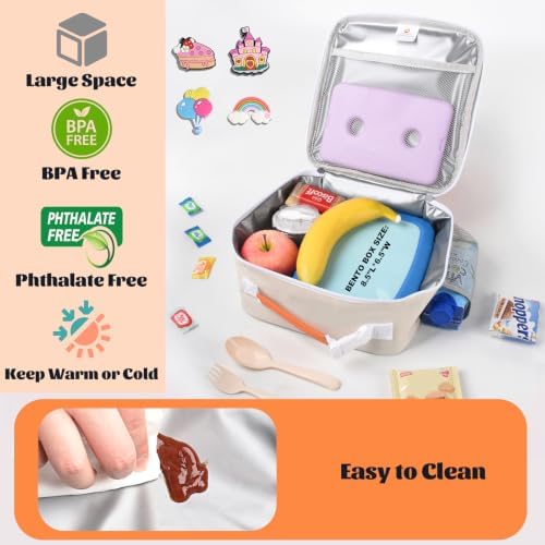 CaCTOUR Lunch Box Kids,Fun Color Lunch Box for Girls,Large Soft Cooler Lunch Bag for Kids,Back to School Thermal Insulated Lunch Tote Bag for School Daycare Outdoor (Orange Beige)