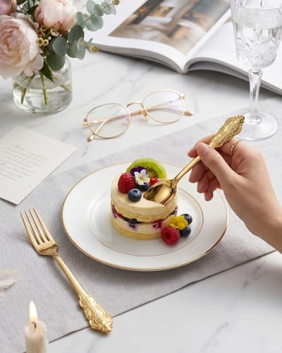BUCLA 200 Piece Gold Plastic Silverware - Baroque Style Gold Plastic Forks and Spoons - 100 Forks and 100 Spoons for Weddings, Parties & Thanksgiving