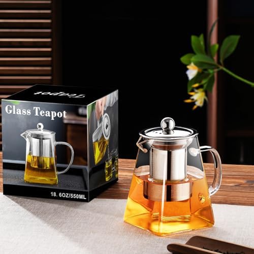 PARACITY Clear Glass Teapot with Infuser, Square 18.6oz Stovetop Tea Kettle