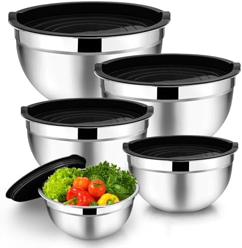 TeamFar Mixing Bowls Set of 5, Stainless Steel Metal Salad Bowls with Lids