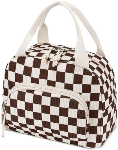 Lunch Bag Women Lunch Box for Women Adult Cute Insulated Lunch Bag Small Cooler Lunch Tote Bags for Work Picnic School (Coffee-White Plaid)