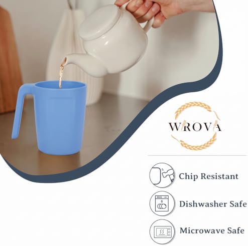 Wrova 16oz Wheat Straw Cups with handles set of 6-Plastic Cups Reusable-Unbreakable Kids Mugs-Dishwasher Safe & Microwave Safe-Ideal Plastic Mugs for Tea,Coffee,Camping,RV-Sky Blue