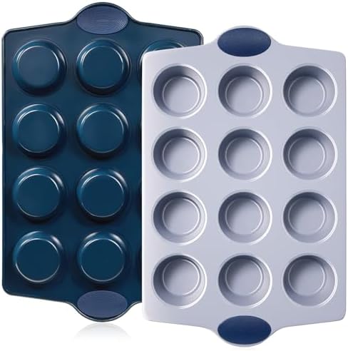 BRONYPRO Ceramic Muffin Pan, 12-Cup Nonstick Aluminized Steel Cupcake Pans, Healthy Non-Toxic Ceramic Coating Muffin tin, 2 Pack Cup Cake Pans for Baking Blue