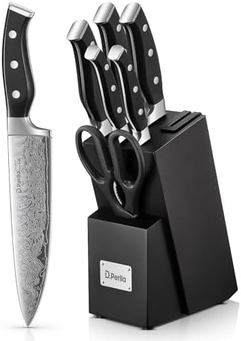 Knife Set, D.Perlla 8 Pieces Kitchen Knife Set with Built-in Sharpener, High Carbon German Stainless Steel Knife Block Set with Unique Waved Pattern, Non-slip Handle, Black