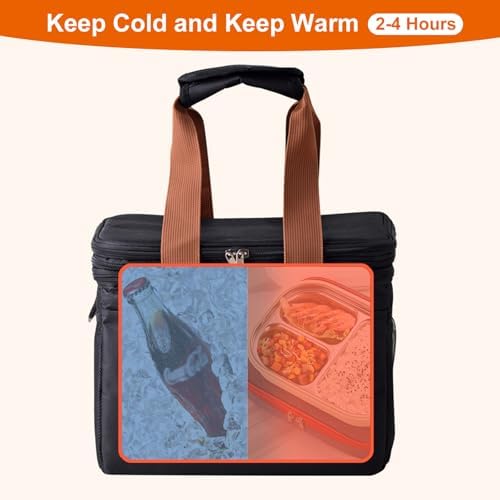 Lunch Bag Upgraded Insulated Lunch Box for Men and Women - 15-20L Expandable Double Deck, Leakproof Soft Cooler Bag with Side Tissue Pocket - Large Adult Lunch Tote for Work, Picnic, Beach (Black)