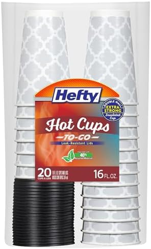 Hefty Disposable Hot Cups with Lids, Insulated Paper Coffee Cups for Tea, Cocoa and Hot Beverages, Leak Resistant Single Use Drink Cups, 16 Ounce, 20 Count