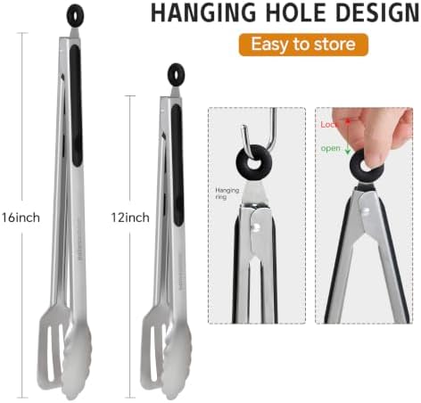 Grill Tongs,Metal Tongs,16 & 12 Inch Heavy Duty Extra Long Stainless Steel Locking Kitchen Tongs,Integrated Tongs‑Spatula Design，Perfect for Cooking, Grilling, Barbecue/BBQ, Buffet, Set of 2