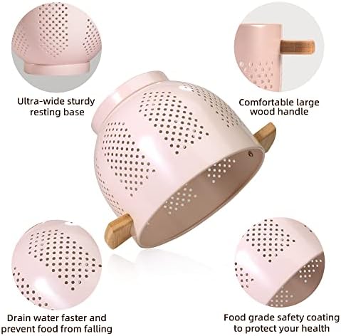 Metal Colander with Wood Handle and Stable Base, Powder Coated Steel Kitchen Strainer Basket for Draining Pasta, Vegetable and fruit(5.5quart,Pink)