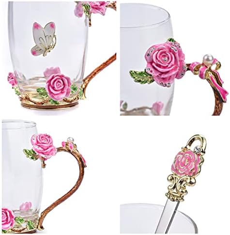 SUQ I OME Enamel Rose and Butterfly Flower Glass Tea Cup Glass Birthday Gifts For Women Mother Teacher Classmate Sister Wife with Spoon Beautiful Rose Flower Butterfly Christmas Valentines Wedding Day