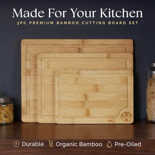Pre-Oiled, Non Toxic 3-Piece Bamboo Cutting Board Set of 3, Pre-Oiled