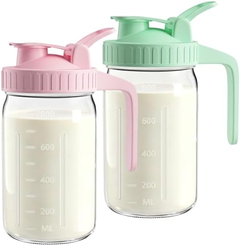 Mason Jar Pitcher Set of 2, 32oz (1quart) Glass Breast Milk Pitcher with Lid
