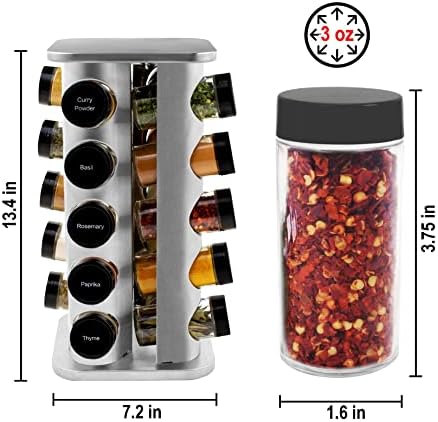 Orii 20 Jar Rotating Spice Rack with Spices Included & 5-Year Free Spice Refill Program – Stainless Steel Countertop Spice Rack with 3 oz Glass Jars