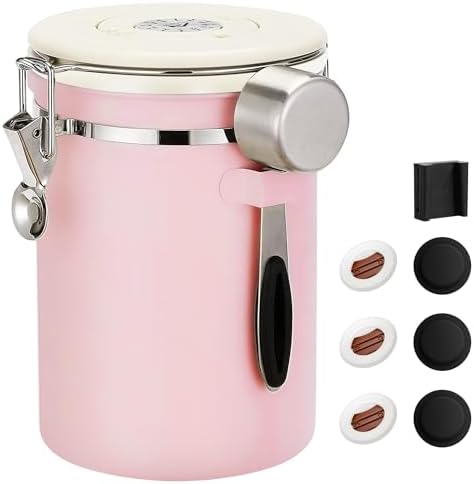 ShanSon Coffee Canister Airtight, Stainless Steel Bean Storage Container with Date Tracker & Scoop, Grounds Sugar Flour Tea Cereal Fits Kitchen Pantry, Ideal Gift for Coffee Lovers,22oz, Pink