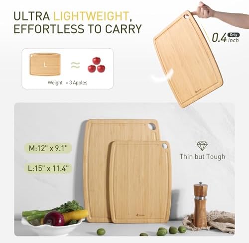 Lightweight Durable Bamboo Cutting Board Set with Non-Slip Feet, Wooden Cutting Boards for Busy Kitchen, Easy Storage & Clean Wooden Chopping Boards with Juice Groove Set of 2 (M+L)
