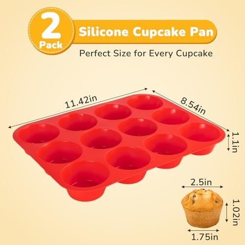 2 Pack Silicone Cupcake Pan for Baking, Nonstick Silicone Muffin Pans, 12 Cups Regular Size Cupcake Pan, Durable and Flexible, Quick-Release, Easy to Clean, Ideal for Home Baking and Party, Red