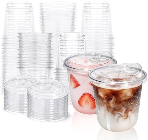 Fit Meal Prep 100 Pack 12 oz Round Bottom Clear Plastic Cups with Strawless Sip Lids, Disposable Iced coffee cups with lids, BPA-Free To Go Cups for Smoothies, Matcha, Party Drinks, Cold Beverage