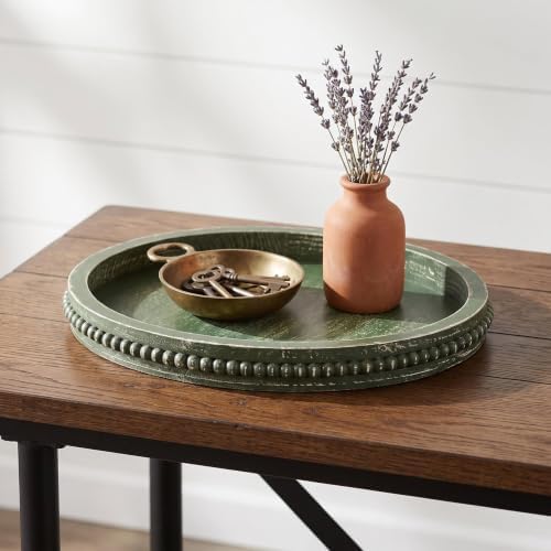 Hrastany Round Green Wood Decorative Tray, Coffee Table Tray for Ottoman