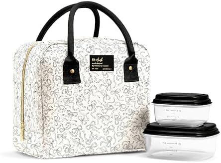 Fit & Fresh Bloomington Lunch Bag for Women - Insulated Large Lunch Box for Work with Containers, Leak-Resistant, Stain-Resistant, Zipper Closure, Black and White Sketched Bows