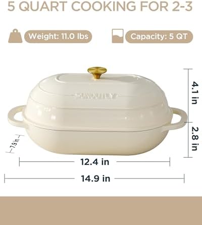 Enameled Cast Iron Bread Oven, 5QT Cast Iron Dutch Oven for Homemade Sourdough Bread Baking, Oval Bread Pot with Dome Lid & Cotton Potholders, Cream White