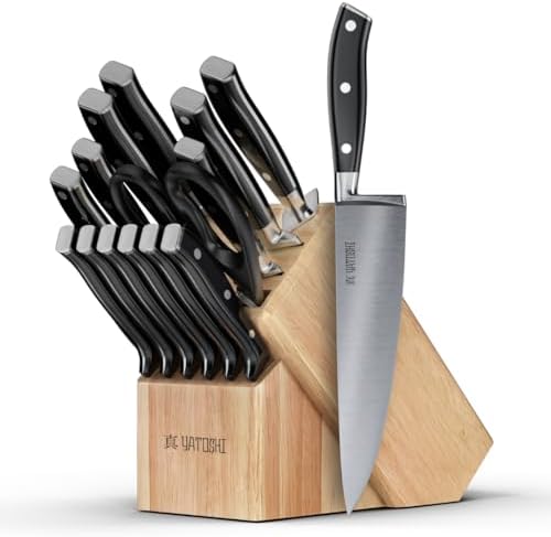 Yatoshi 15 Piece Black Knife Block Set - Pro Kitchen Knife Set Ultra Sharp High Carbon Stainless Steel with Ergonomic Handle