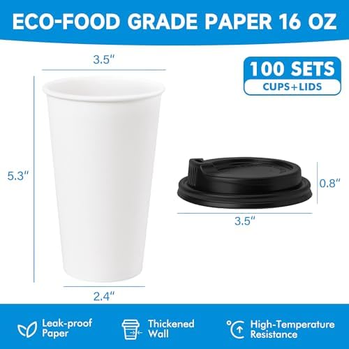 RACETOP Disposable Paper Coffee Cups with Lids 16 oz 100 Pack