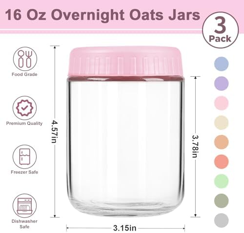 Overnight Oats Containers with Lids, 16oz Wide Mouth Mason Jars with Lids, 3 Pack Glass Jars with Airtight lid for Chia Pudding Yogurt Salad, Meal Prer Oatmeal Jars, Pink