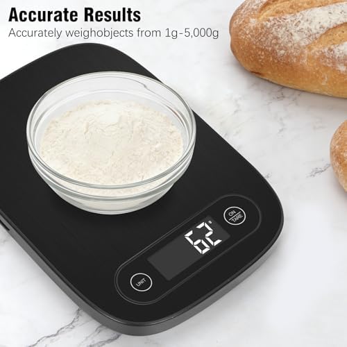 Food Scale, Digital Kitchen Scale with 5 Units LCD Display and Tare Function,Compact Design for Baking,Healthy Cooking,Meal Prep, 11lb Stainless Steel (Black)