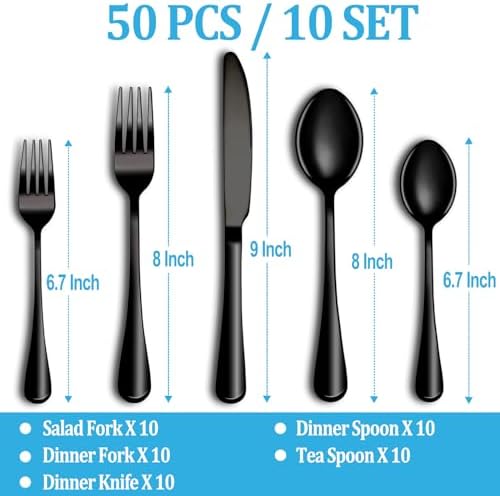 50 Pcs Black Silverware Set, Stainless Steel Flatware Set Service for 10, Mirror Polished Cutlery Utensil Sets, Durable Home Kitchen Eating Tableware Sets, Include Fork Knife Spoon, Dishwasher Safe