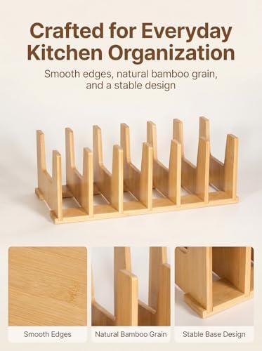 2 Pack Bamboo Pot Lid Organizer for Drawer & Cabinet, 6-Slot Lid Holder