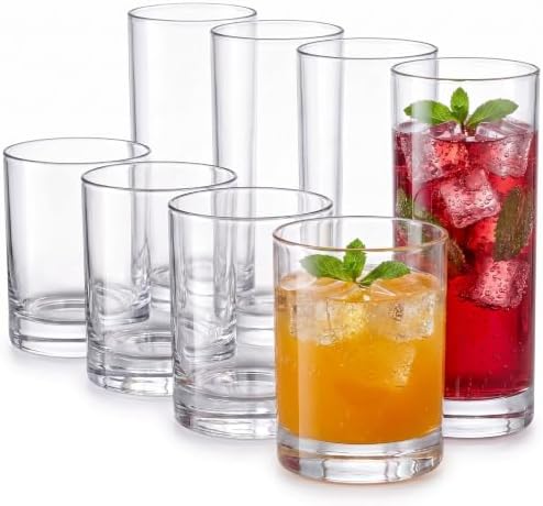 Meolibour® Acrylic Drinking Glasses Set of 8, 14oz Rocks & 20oz Water Cups, Unbreakable Plastic Drinkware, Clear Kitchen Tumblers for Home Outdoors, Reusable, BPA-Free, Top-Rack Dishwasher Safe