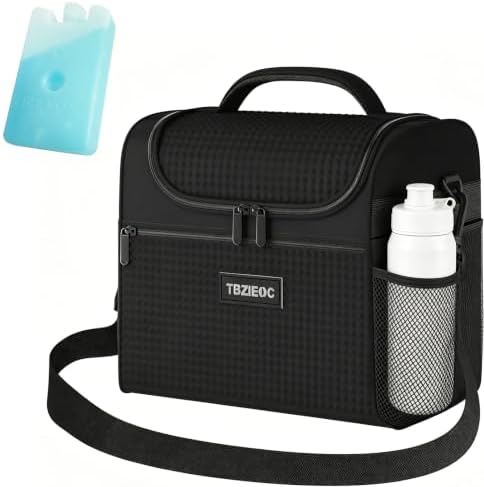 Large Insulated Lunch Bag for Women & Men, 12.8L Reusable Lunch Cooler Tote with Ice Pack, Adult Lunch Box with Side Mesh Pocket, Portable Lunch Bag for Work, Office, Travel & Picnic, Black
