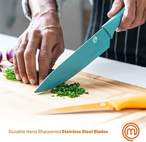 MasterChef Kitchen Knives Set with Covers incl. Paring, Boning, Carving, Bread, Santoku & Chef Knife, Sharp Cutting Stainless Steel Blades with Sheaths, 12 Piece (6 Colored Knives & 6 Covers)