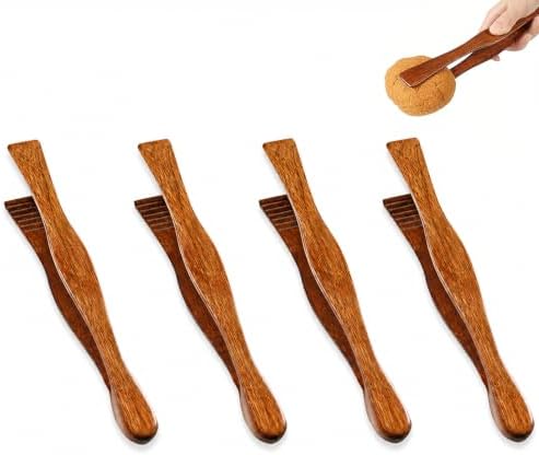4 Pieces Wooden Toast Tongs 10.4" Reusable Bread Steak Kitchen Clamp Serving Tool Natural Wood Cooking Tong for Cooking and Holding Toast Cheese Bacon Muffin Fruits Bread BBQ
