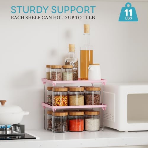 STARLATTA 2 Pcs Cabinet Organizer Shelf，Stackable Kitchen Counter Shelves, Spice Rack,Countertop Organizers，Pink Plastic Storage Shelves Rack for Makeup，Bathroom, Cupboard，Desk，Pantry Organization