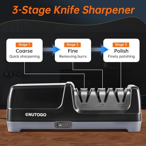 Enutogo Knife Sharpener, Professional 3-Stage Electric Knife Sharpener for Kitchen Knives, 100% Diamond Abrasive for 20° Precision Angle Guide, Quickly Sharpening and Polish Blades