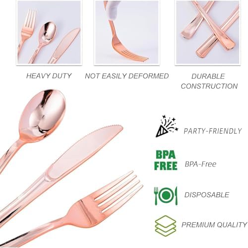 N9R 300PCS Rose Gold Plastic Silverware, Disposable Cutlery & Utensils
