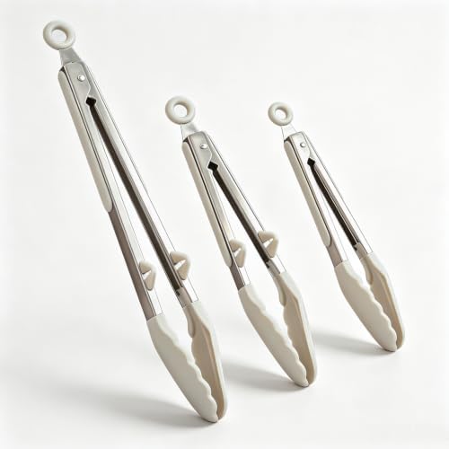 Kitchen Tongs for Cooking with Silicone Tips, 3 Size Serving Tongs, White
