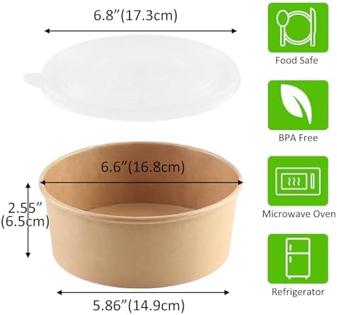 36 oz 50 Sets Large Kraft Paper Bowls with Lids, Paper Salad Bowls