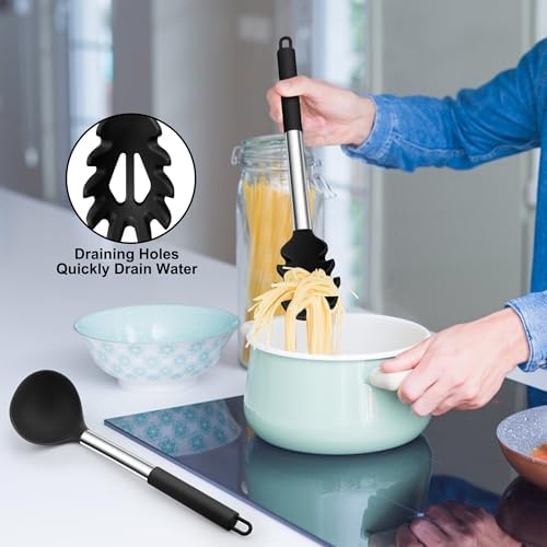 TeamFar Silicone Pasta Fork and Ladle, Nonstick Kitchen Utensils, Black