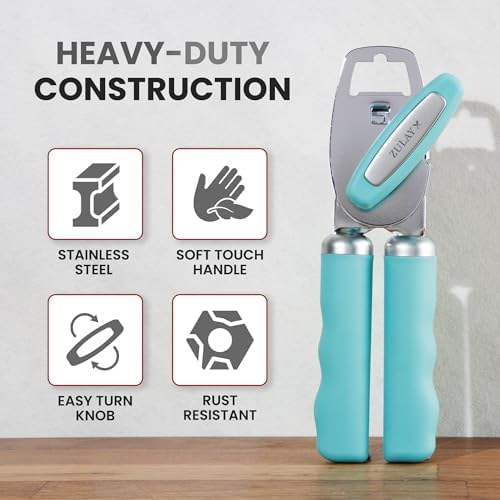 Zulay Kitchen Manual Can Opener Heavy Duty Patented Stainless Steel, Teal