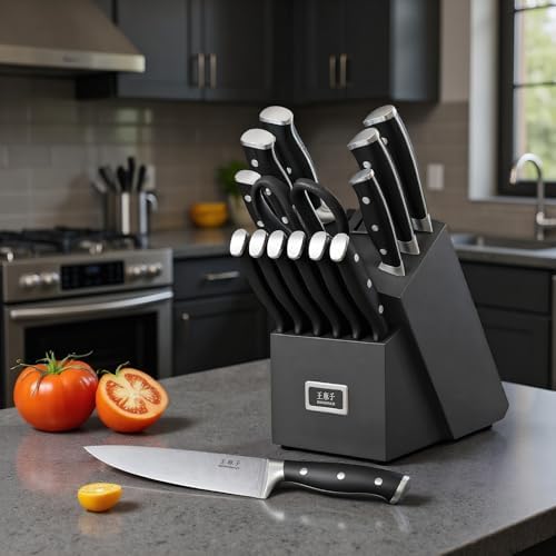 WANGMAZI 15‑Pcs Knife Block Set, High Carbon Steel, Black Pro