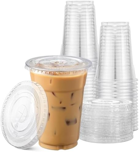 TashiBox Plastic Cups with Flat Lids 100 Sets, Clear Crystal drink cups with lids, 16 oz (Pack of 8)