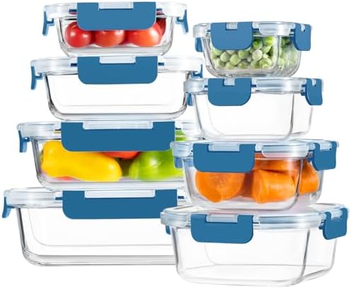 8 Pack Glass Food Storage Containers with Snap Locking Lids for Meal Prep