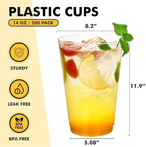RACETOP 14 oz Clear Plastic Cups 200 Pack for Party