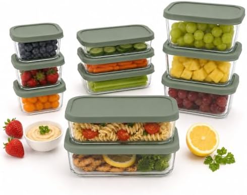 Glass Food Storage Containers with Lids - 22 Piece - 10.5 oz, 17.6 oz, 25.4 oz & 57.5 oz Sets Glass with BPA-Free Leak Resistant Stackable Lids - Microwave, Oven & Dishwasher Safe - Ideal - Soft Sage