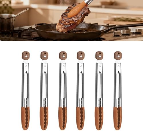 6-Pack 9" Wooden Tongs for Cooking – Locking Wooden Tongs with Non-Slip Handles & Hanging Hole, Wood Tip Serving Tongs for BBQ (9 Inch (6 Pcs))