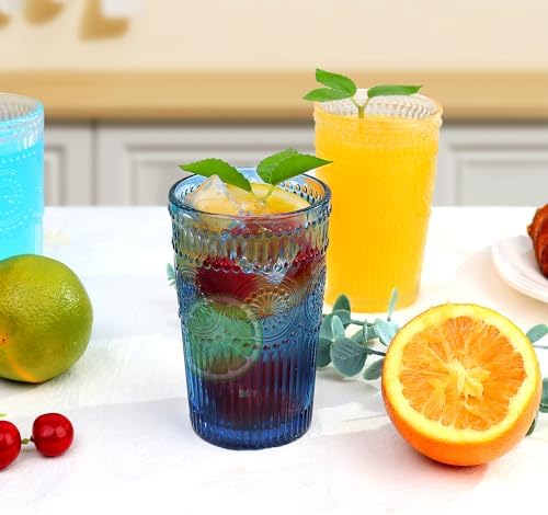 Loivttvv 6pcs Vintage Drinking Glasses Set, 12 oz Blue Highball Glasses, Embossed Ribbed Glassware Cups for Cocktail, Water, Juice, Coffee, Whiskey