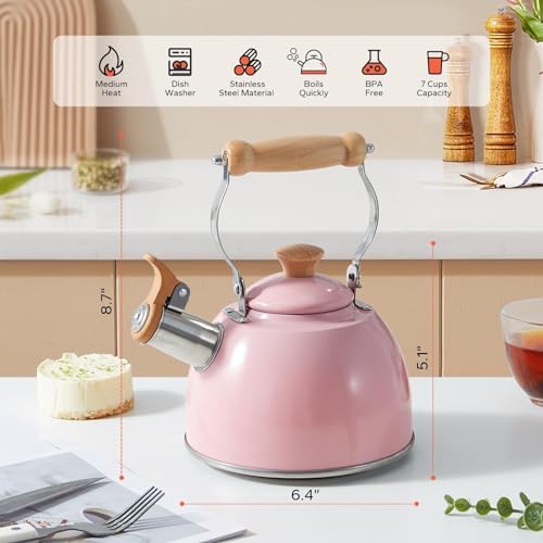 ROCKURWOK Whistling Tea Kettle for Stove Top, 1.6 Qt Small Tea Pot, Pink